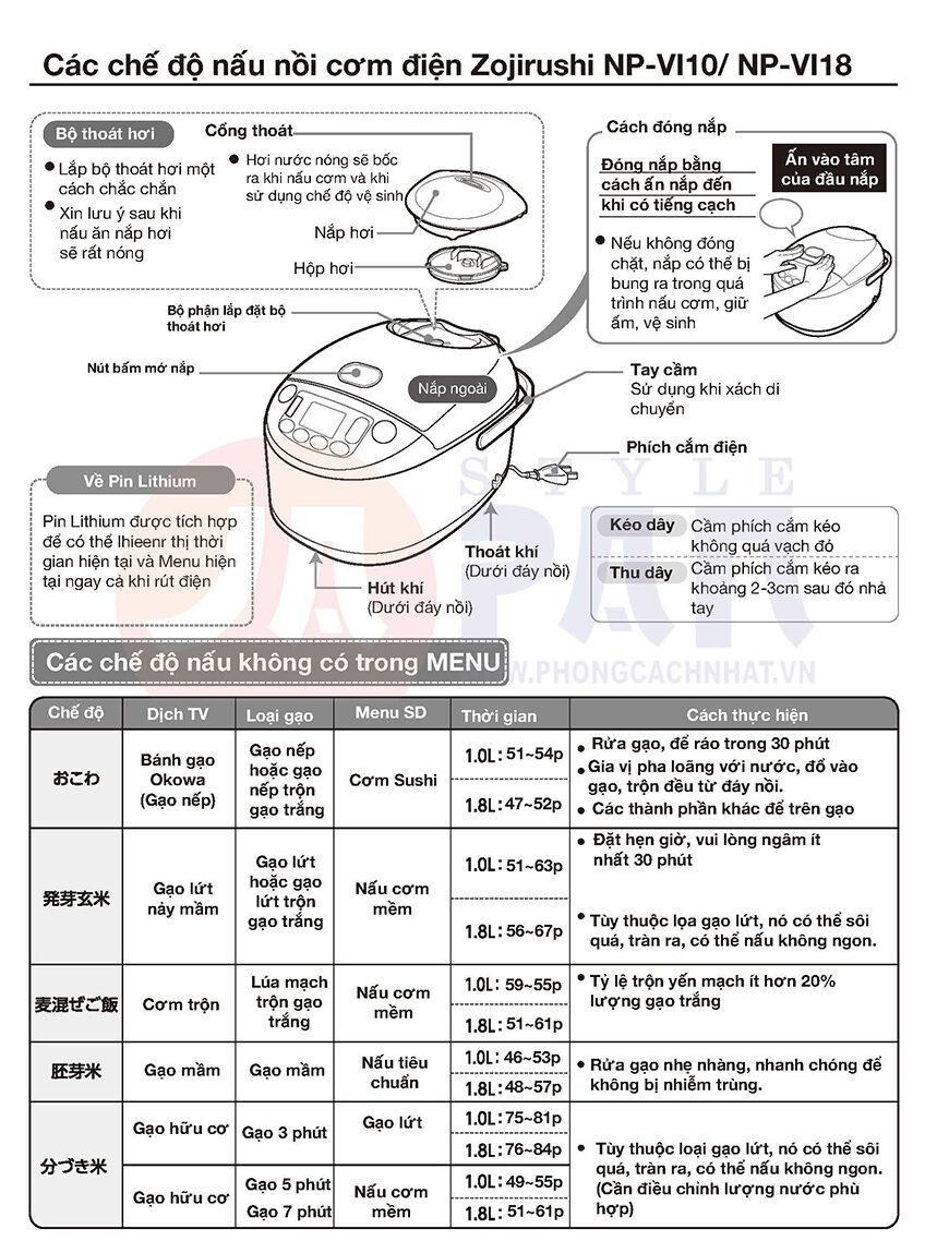 Hướng dẫn sử dụng nồi cơm điện Zojirushi NP-VI10 và Zojirushi NP-VI18 3 Hướng dẫn sử dụng tiếng việt dành cho mẫu nồi cơm điện Zojirushi NP-VI10 và Zojirushi NP-VI18 2