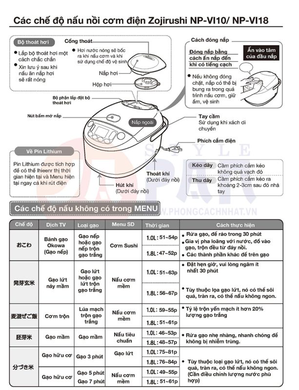 Hướng dẫn sử dụng nồi cơm điện Zojirushi 1 Hướng dẫn sử dụng tiếng việt dành cho mẫu nồi cơm điện Zojirushi NP-VI10 và Zojirushi NP-VI18 3