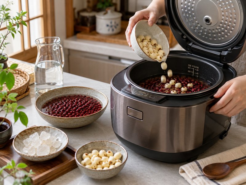 Cách nấu chè đậu đỏ hạt sen bằng nồi cơm Zojirushi bùi mềm, ấm bụng 3 Nguyên liệu chè đậu đỏ hạt sen